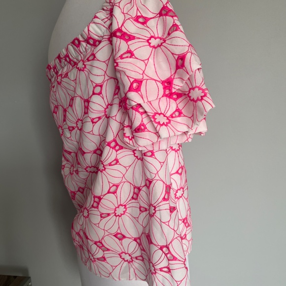 Lilly Pulitzer Razberry Botanical Chiffon Eyelet Lesley Off the Shoulder Blouse - Picture 7 of 11